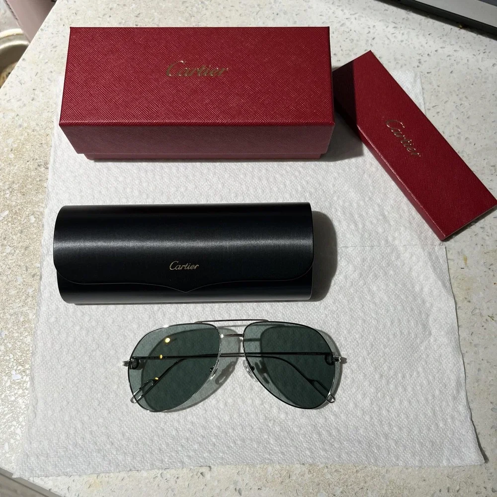 Cartier Sunglasses Mens Silver Green Aviator Metal C361 89FR Made In France